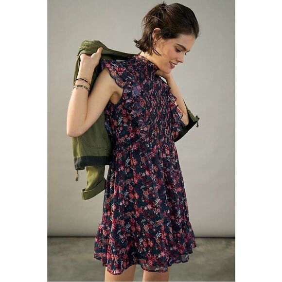 NEW Anthropologie Ranna Gill Katya Ruffled Smocked Floral Mini Dress Medium - Picture 1 of 4